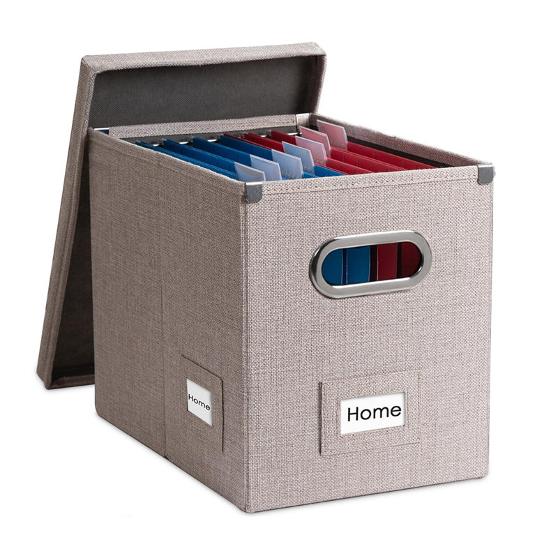 File Organizer Box - Set Of 1 Collapsible Decorative Linen Filing Storage Hanging File Folders With Lids Office Cabinet Letter Size Light Grey (14X9.3X10.8 Inch)