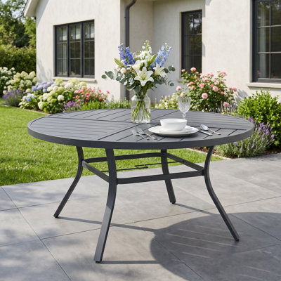 53" Patio Metal Round Dining Table With Slatted Tabletop