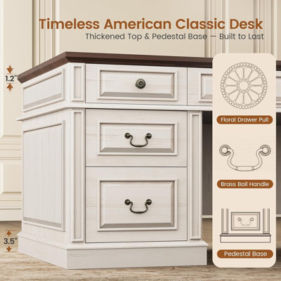 60.6" Executive Desk with 7 Drawers, Wood Computer Desk with 2 File Drawers and Charging Station for Home Office Study Writing, Vintage White