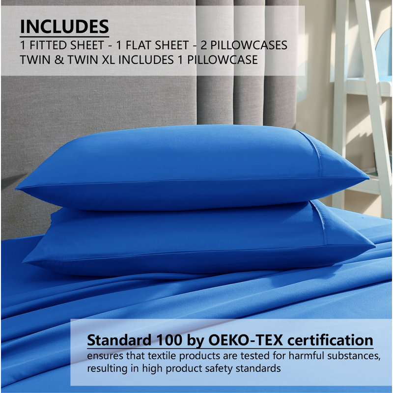  Ensemble de draps en microfibre ultra doux, Bleu tuba, Ensemble de draps pour lit double + drap-housse + 