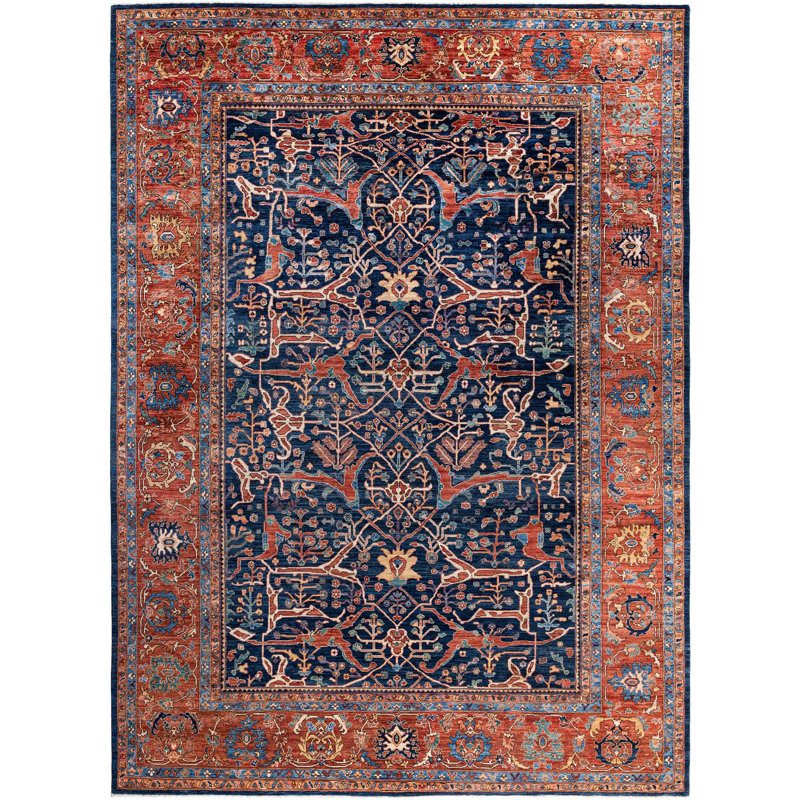 Tapis unique noué à la main Raffin - bleu, 10 pi 0 po x 13 pi 8 po Raffin
