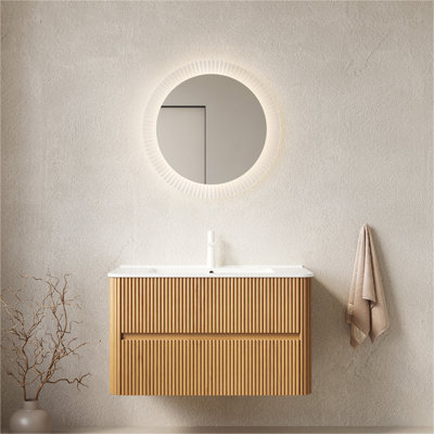NOOR 36" Bathroom Vanity with Sink, Wall-Mounted Floating Plywood  Bathroom Storage Cabinet with 2 Drawers, White Ceramic Basin, NO Faucet, Pre-assembled, Natural Woodgrain Color