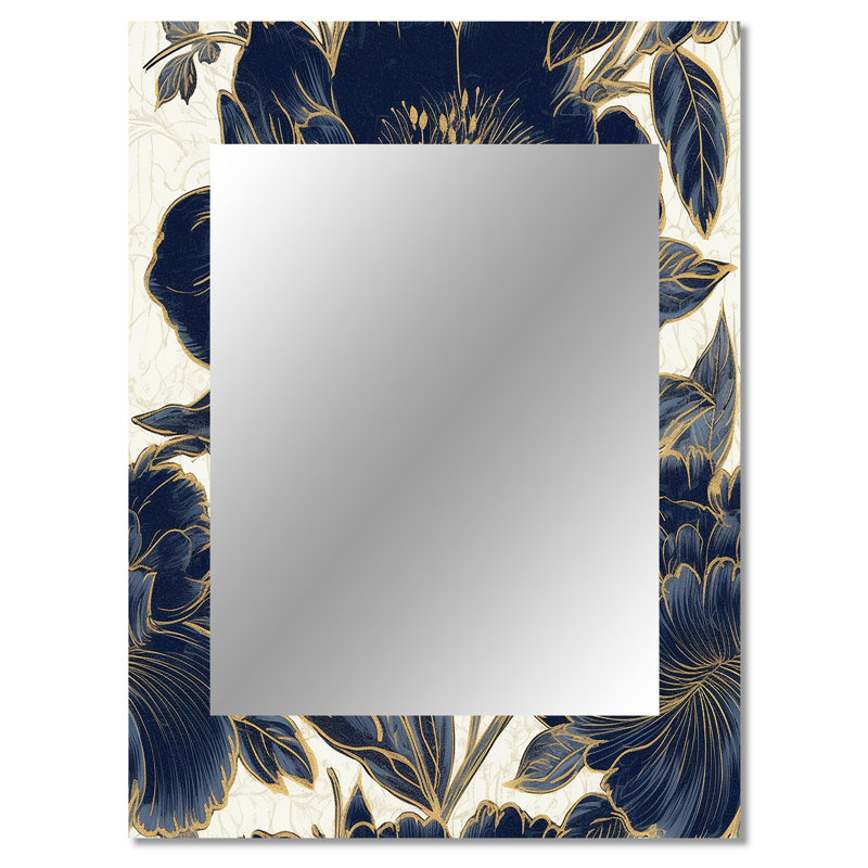 Bleu doré, pivoines célébration VI - miroir pivoines, miroir mural décoratif moderne, impression sur métal, 40 po x 30 po
