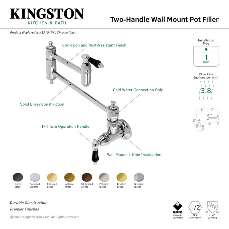 Kingston Brass Duchess Two-Handle 1-Hole Wall Mount Pot Filler Faucet, Polished Brass