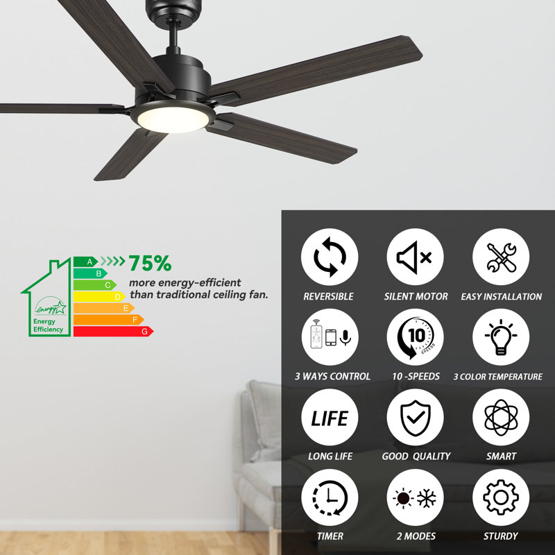 52" Smart DC Downrod Ceiling Fan with LED Light, Remote Control, Gray Oak, 52"