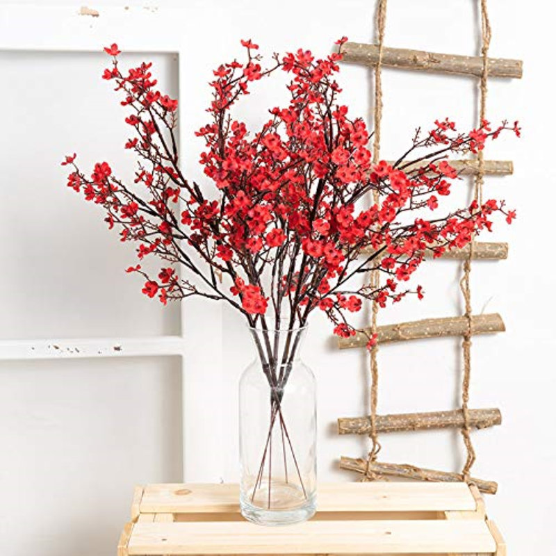 10 pièces de fleurs artificielles Babys Breath Real Touch de fausses fleurs rouges en soie pour Noël, Rouge