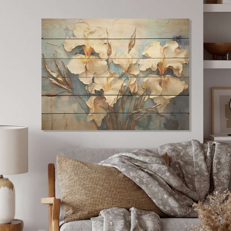 Minimalisme beige et or - iris, art mural sur bois de pin naturel, H 24 po x l 32 po