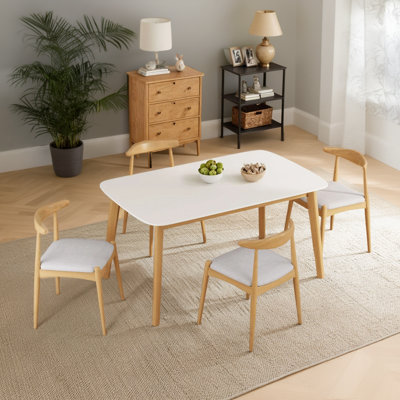 Mid-century Modern Dining Table 5-piece Set White Oak Solid Wood Table + 4 Beige Upholstered Chairs