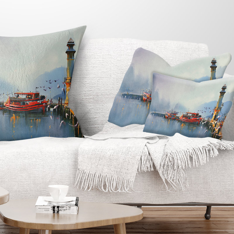 Bateaux de pêche dans le port - Coussin décoratif à imprimé paysage