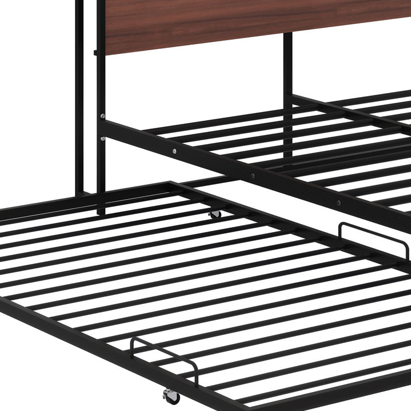 Base de lit plateforme moderne avec lit gigogne, ports USB intégrés et support à lattes, Lit double, Noir