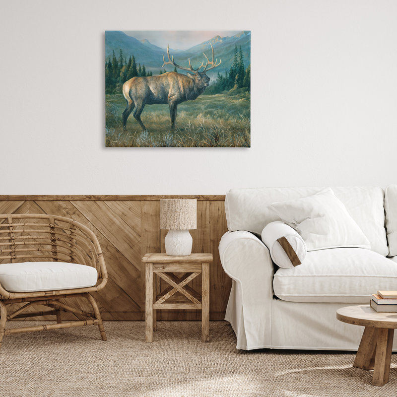 «Powerful Elk in Field», art mural sur toile par Laura Mark-Finberg, H 30 po x l 40 po