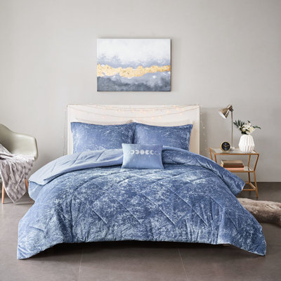 Édredon luxueux en velours bleu pervenche pour lit double / grand lit - Garnissage et coussin décoratif