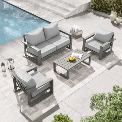 Adden 4-Piece Hand-Painted Aluminum Outdoor Conversation Set With Loveseat, Grey Cushions And Coffee Table
