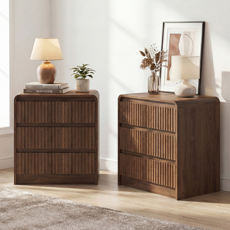 24" Fluted Nightstand with 3 Drawers and Charging Station, Wooden Bedside Table with Curved Profile Design, for Bedroom,Living Room, Set of 2