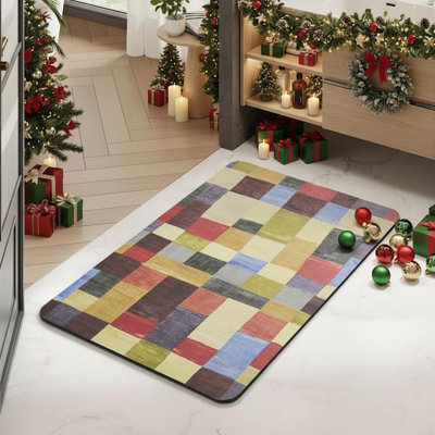 Bath Mat-Non Slip Thin Bathroom Rugs Fit Under Door- Quick Dry Absorbent Faux Suede Surface Grey Bathroom Floor Mats-Shower Rug for in Front of Bathtub Shower Retro Colors Plaid 16x24