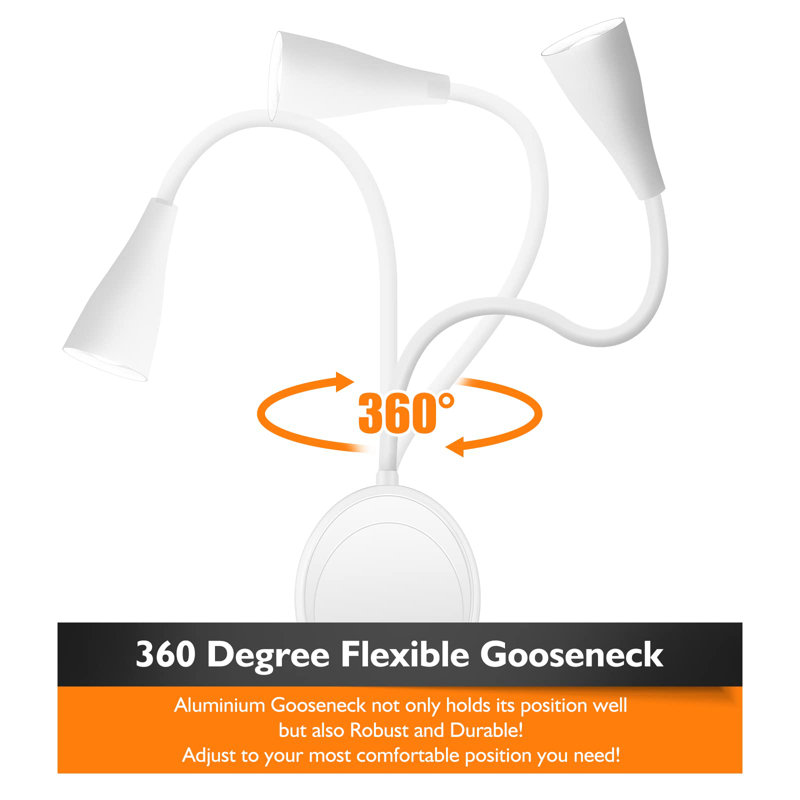 Flexible Gooseneck LED Wall Mounted Bedside Reading Lamp With Touch Control, 5 Dimmable Lights, USB Output, Night Light And Timer, 2-Piece, White