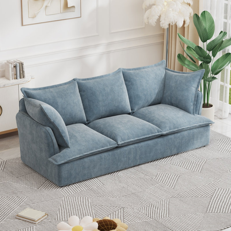 " modern deep seat 3-seater cloud sofa with 2 armrest pillows, chenille fabric, comfortable for living room, Blue Chenille