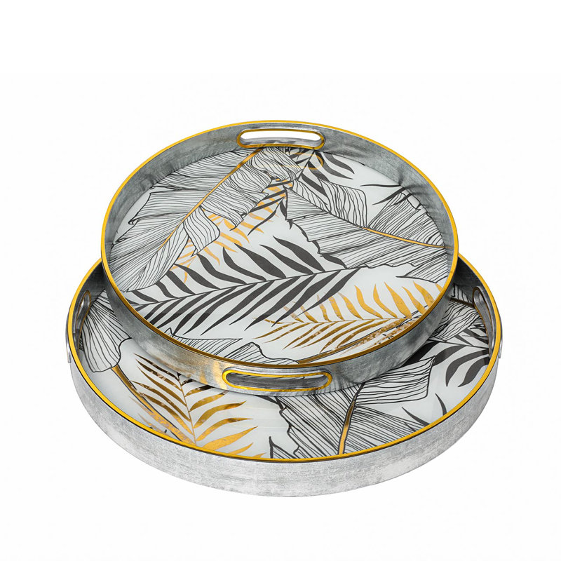 Akasya 2 piece Glass Decoration Tray for Living Room Decor, Agate Design Round Plastic Serving Tray, White/Black/Gold