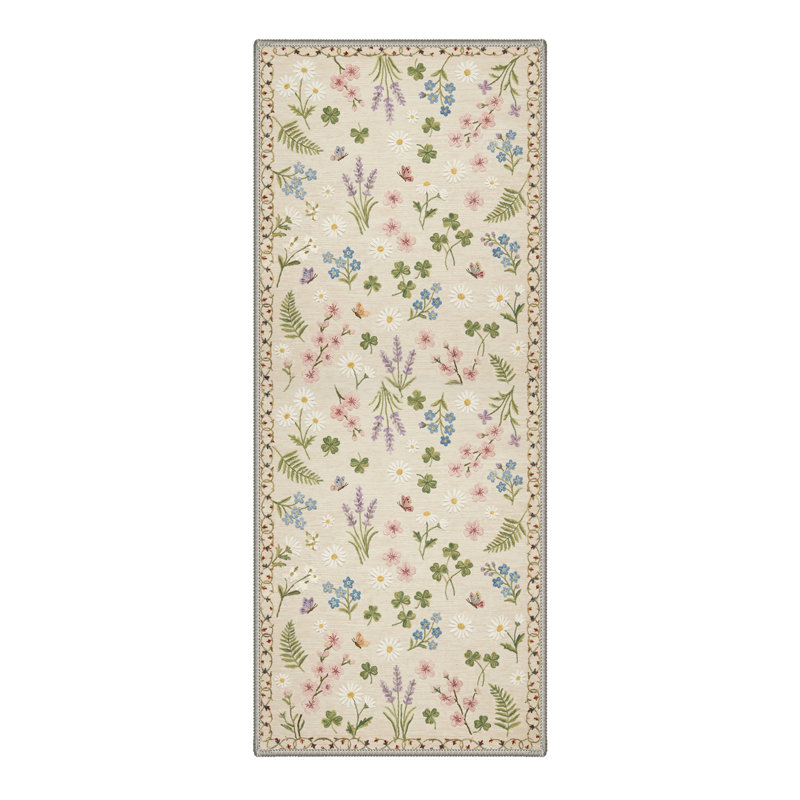 Cogswell Floral Daisy Machine Washable Begie/Green/Blush Indoor Area Rug With Non-Slip Backing, Runner 2' x 6'