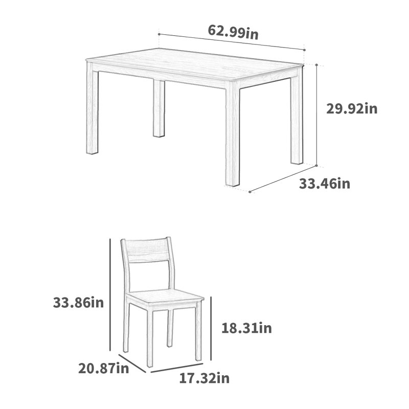 4 - Person Solid Wood Top Four Leg Dining Set, 29.92"H x 62.99"L x 33.46"W