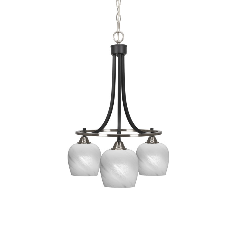Lustre 3 lumières avec verre 6 "Paramount, Noir mat/nickel brossé, Marbre blanc