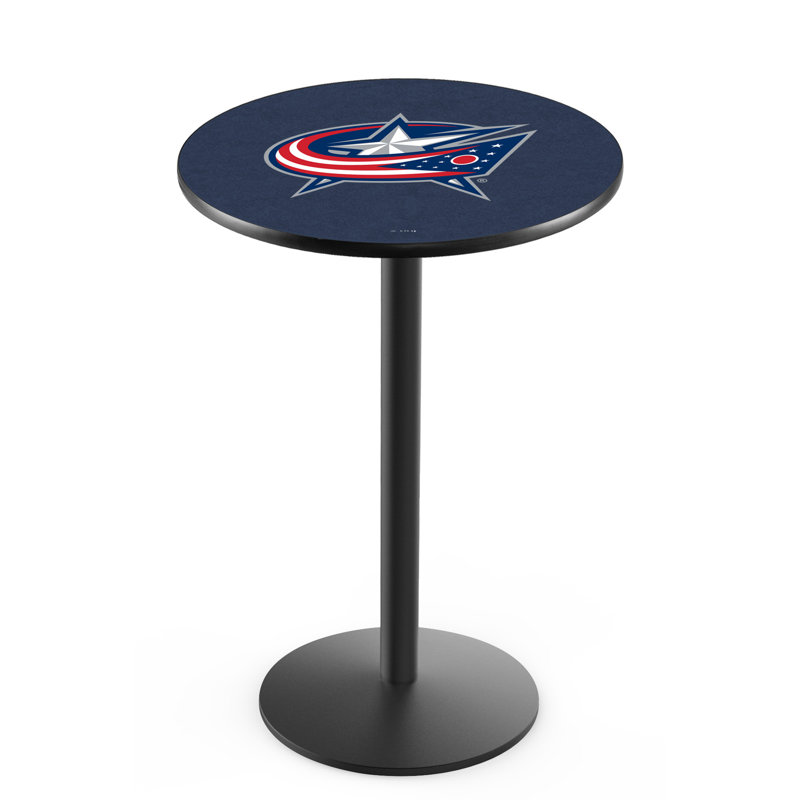NHL Round Metal Base Dining Table, Black Wrinkle, Columbus Blue Jackets