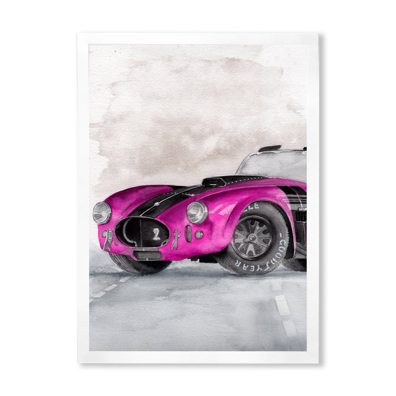 «Beautiful Old Magenta Car on Grey», peinture sur toile, H 32 po x l 16 po x P 1 po, Cadre photo blanc