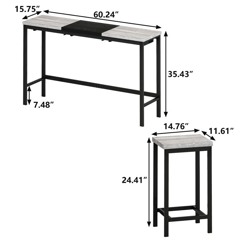 Table de salle à manger moderne avec 3 tabourets, gris et noir. Matériaux, idée de tabouret suspendu pour les bars