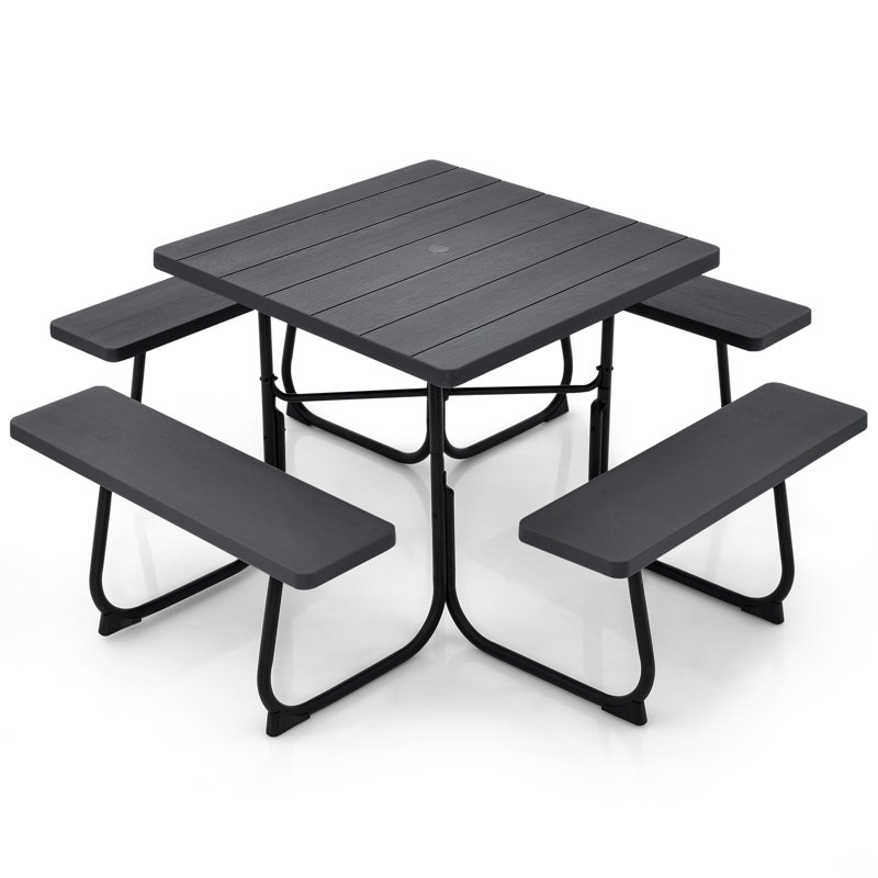 HDPE Picnic Table Bench Set With Umbrella Hole For 6-8, Black