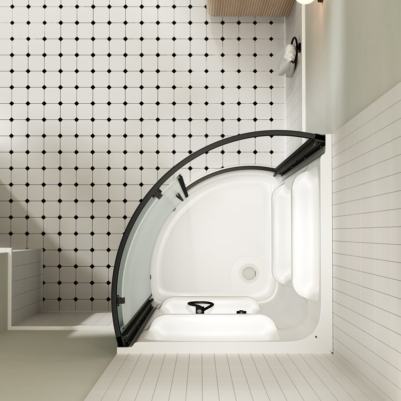 Ensemble de douche en coin rond noir mat, porte coulissante, murs et poêle givré L 33 po x l 33 po x H 72,83 po Breeze