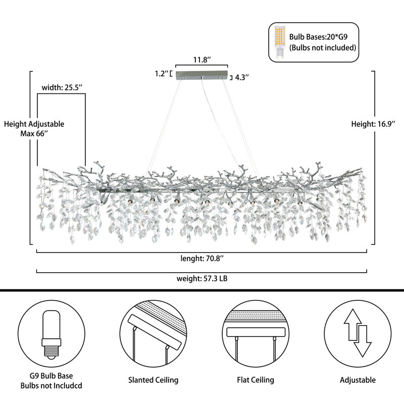 Lustre moderne en forme de goutte de cristal K9, Argent, 20, H 17 po x l 25 po x P 71 po