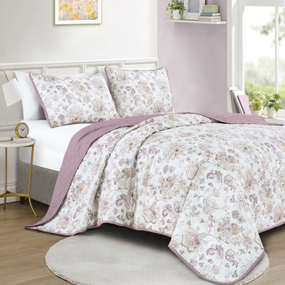 Ensemble de couvre-lit réversible à imprimé floral 3 pièces avec bordure lavande - Couvre-lit élégant pour grands lits