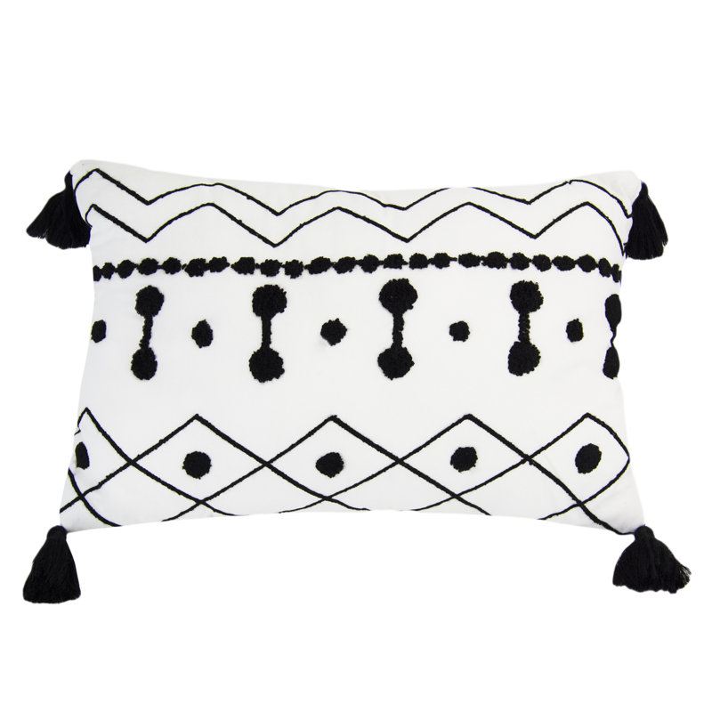 Cameron Black and White Cotton Rectangular Pillow with Tassels
