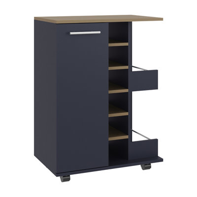 Modern Bar Cart Featuring Natural Oak And Navy Blue, Two External Shelves, Four , Six Built - In Wine , A Single Door Cabinet, Cabinet With Enclosed 2 Open Liquor Bottle Shelves Rails, , Locking