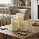Remote Control LED Candles - Pack of 3 Battery-Operated Realistic Flameless Pillars with Lace Details and Vanilla-Scented Wax