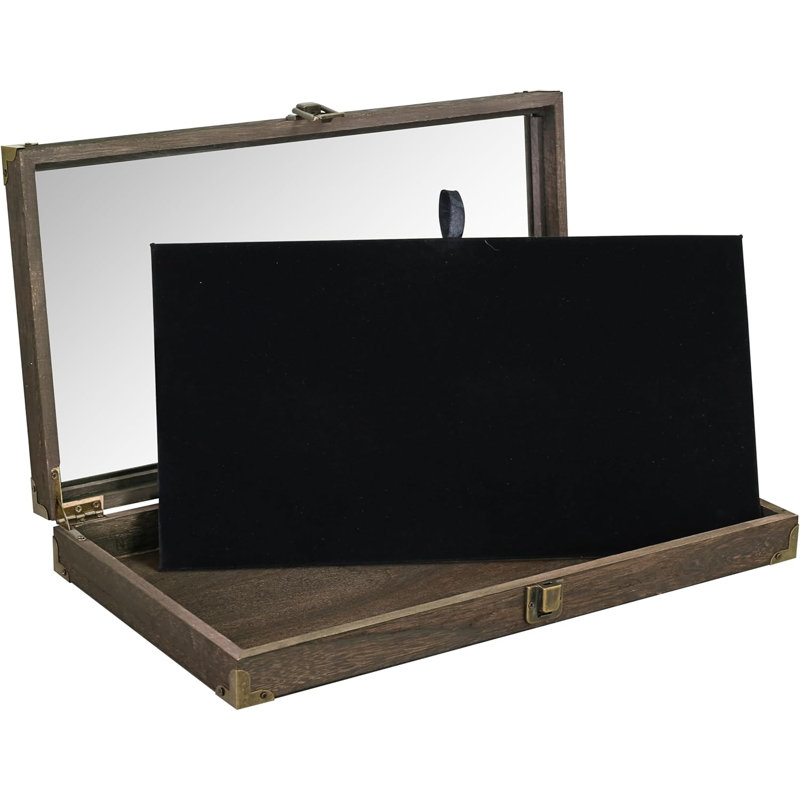 Présentoir à bijoux en bois en verre trempé avec charnière en métal et luxueux panneau amovible en velours MDF noir