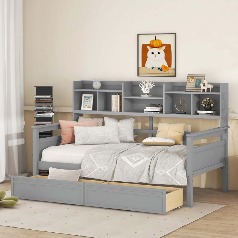 Lit de jour simple polyvalent avec tablettes et tiroirs pour la détente et le rangement, Gris