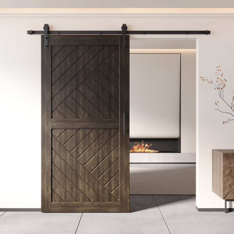 Homacer Ebony 48in x 80in Unassembled & Finished Geometric Design Barn Door with Non-Bypass Installation Hardware Kit, 9ft track, interior use only