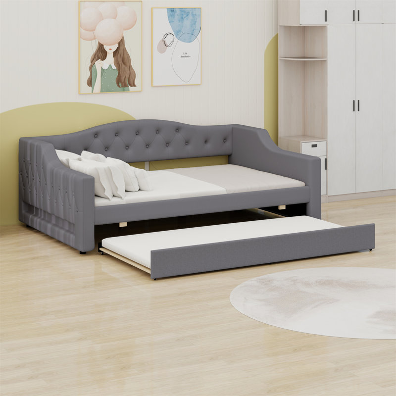 Upholstered Daybed With LED Belt And Trundle, Gray