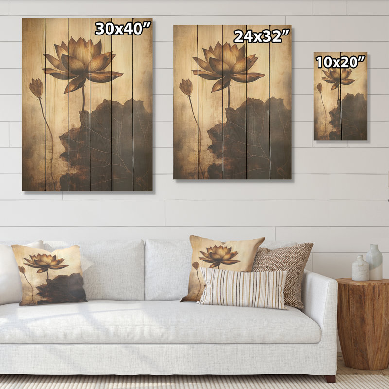 Rustic Lotus Serenity - Art mural en bois de lotus sur bois de pin naturel, H 40 po x l 30 po