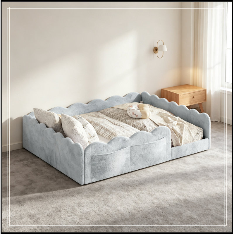 Lit double tapissier sur pied, Gris clair