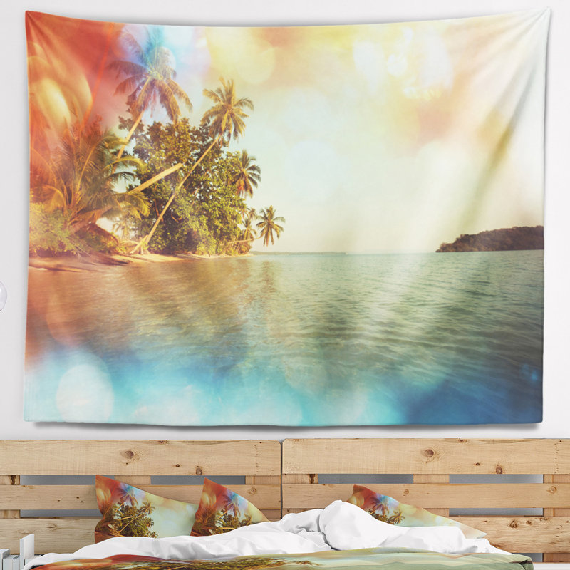 Tapisserie de plage tropicale avec palmiers mer shore serene, H 50 po x l 60 po