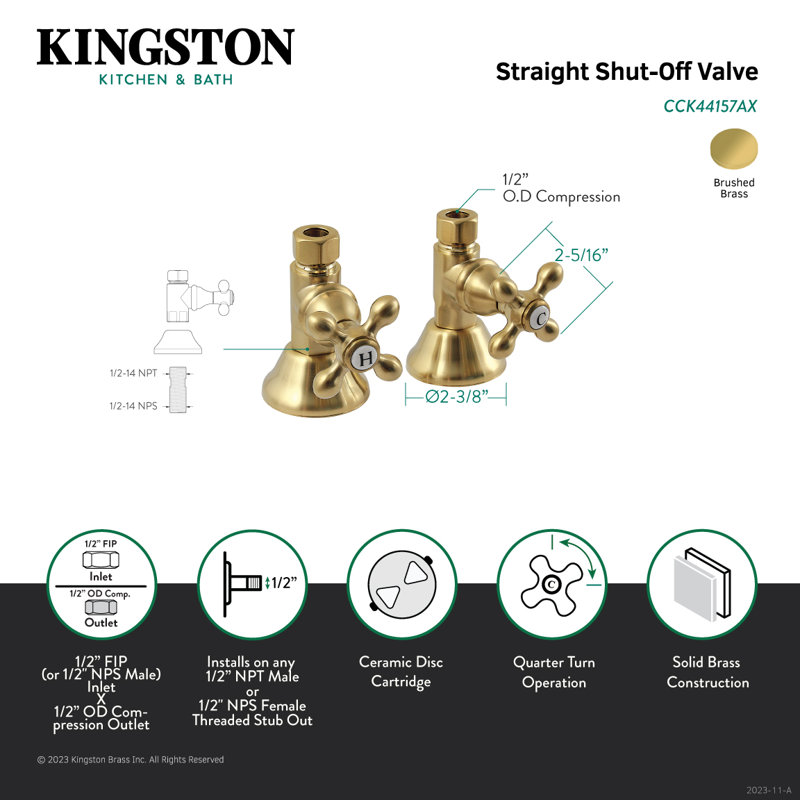 Kingston Brass Trimscape 1/2-Inch FIP x 1/2-Inch OD Comp Quarter-Turn Straight Stop Valve, Brushed Brass