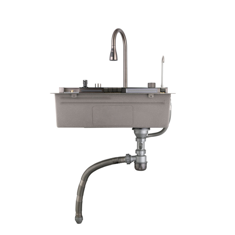 Évier de cuisine à cascade numérique avec robinet baleine, évier à simple cuve en acier inoxydable 29,5 x 18 po avec douchette rétractable, laveuse de tasses et planche à découper