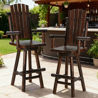 Ensemble de 2 chaises de bar pivotantes en bois massif Adirondack, ensemble de chaises de bar avec tabouret à dossier haut et repose-pieds, chaise haute de 29,9 po pour terrasse, capacité de 500 lb, carbonisée