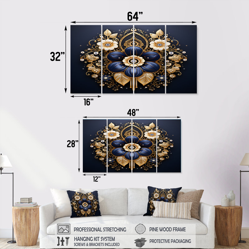 «Blue Flowers Persian Gold Ornamental Emblem», art floral moderne sur toile, 4 pièces, H 32 po x l 64 po