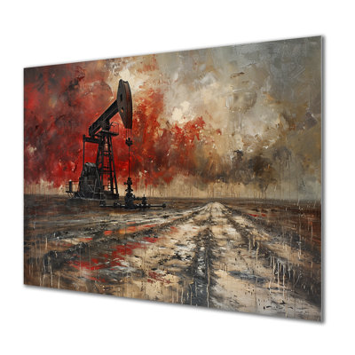 Red Winter Oil Fields Industrial Icon II - Oil Rigs / Fields Wall Art Print