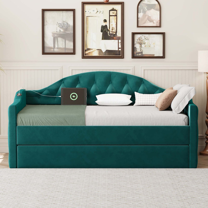 Lit de jour simple rembourré capitonné avec couchette, canapé-lit en velours avec ports USB et ports de charge de type C, aucun sommier nécessaire