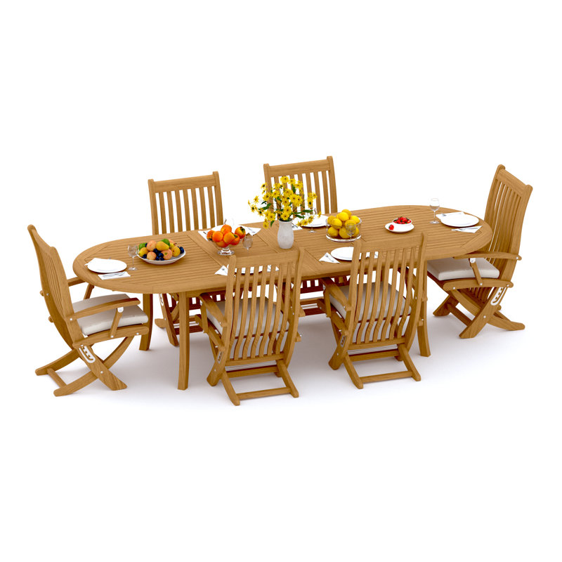 6 Seats 7 Pcs Grade-A Teak Wood Dining Set: 118" Double Extension Oval Table And 6 Warwick Reclining Arm Chairs #11Wa2606, 6