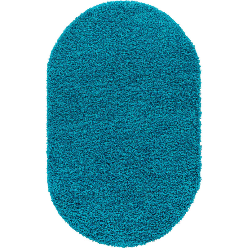 Tapis bleu à poil long fabriqué à la machine Alexandrew, Ovale 3 pi 3 po x 5 pi 3 po